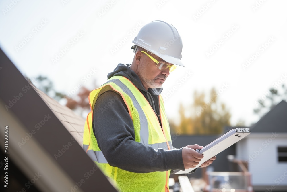 roofer checking material list on a tablet on the roof - obrazy, fototapety, plakaty 
