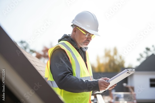 Wallpaper Mural roofer checking material list on a tablet on the roof Torontodigital.ca
