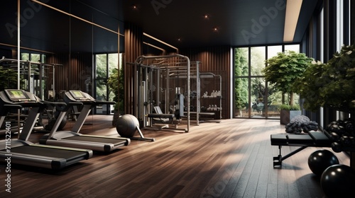 a home gym, equipped with state-of-the-art fitness machines, mirrors, and motivational decor, inspiring a sense of determination and vitality in a space dedicated to health and well-being. © Khan