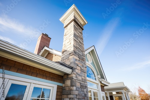 stone chimney on shinglestyle family home photo