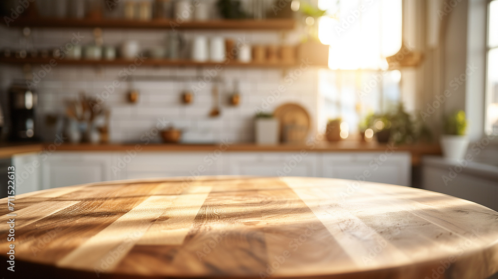 Empty beautiful round wood tabletop counter on interior in clean and ...