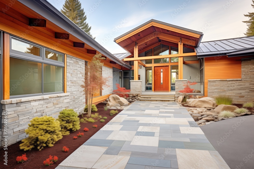 modern shingle home with mixed stone entry path