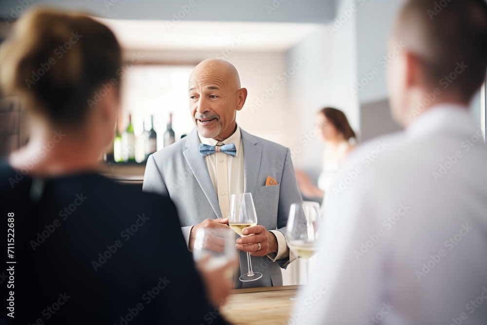 sommelier speaking with customers at a wine tasting event sommelier speaking with customers at a wine tasting event