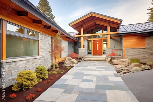 modern shingle home with mixed stone entry path © studioworkstock