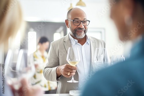 wine expert discussing with guests at a wine tasting event, wine glasses in the frame