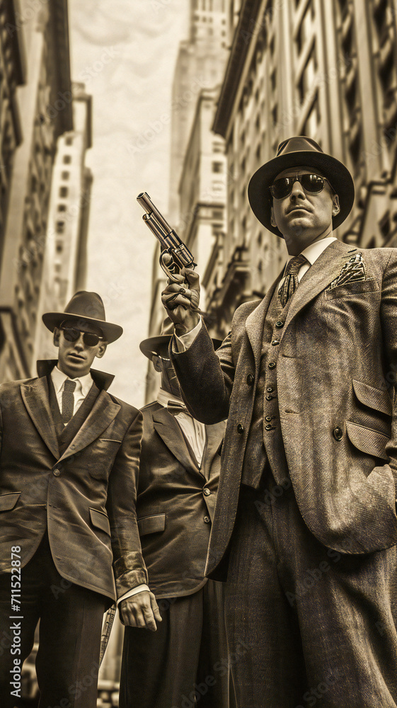 A group of 1920s armed gangsters on the street A group of 1920s armed gangsters on the street