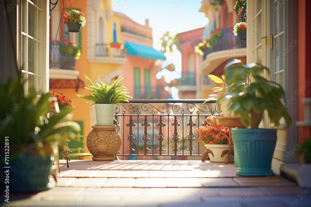 sunlit courtyard with wrought iron balcony and potted plants