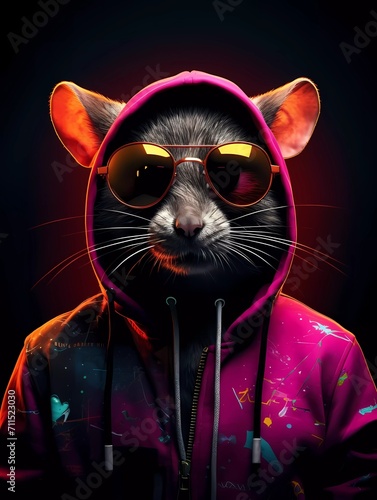 Mouse DJ wears sunglasses and hoodie, with colorful neon lights. generative ai