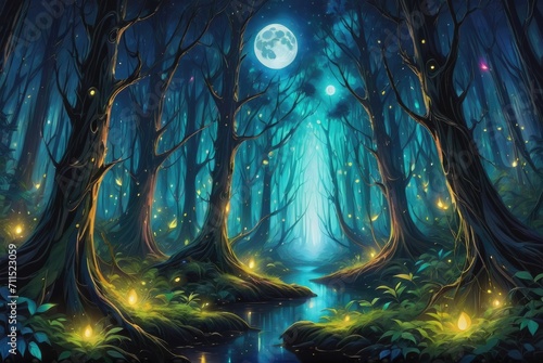 A moonlit night in a mystical forest sets the stage for this captivating wallpaper