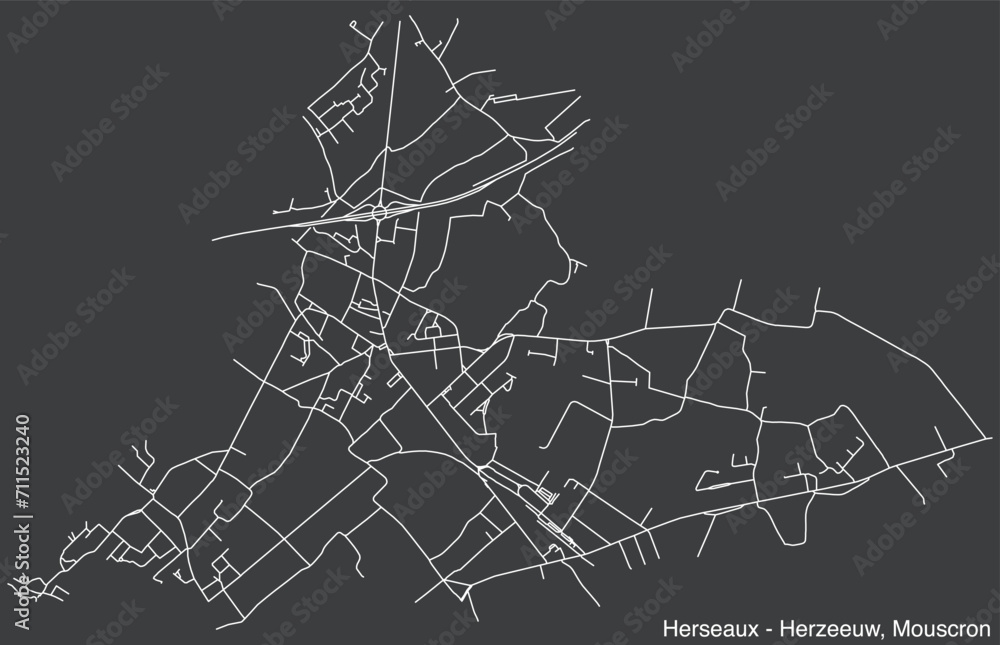 Detailed hand-drawn navigational urban street roads map of the HERSEAUX-HERZEEUW COMMUNE of the Belgian city of MOUSCRON, Belgium with vivid road lines and name tag on solid background