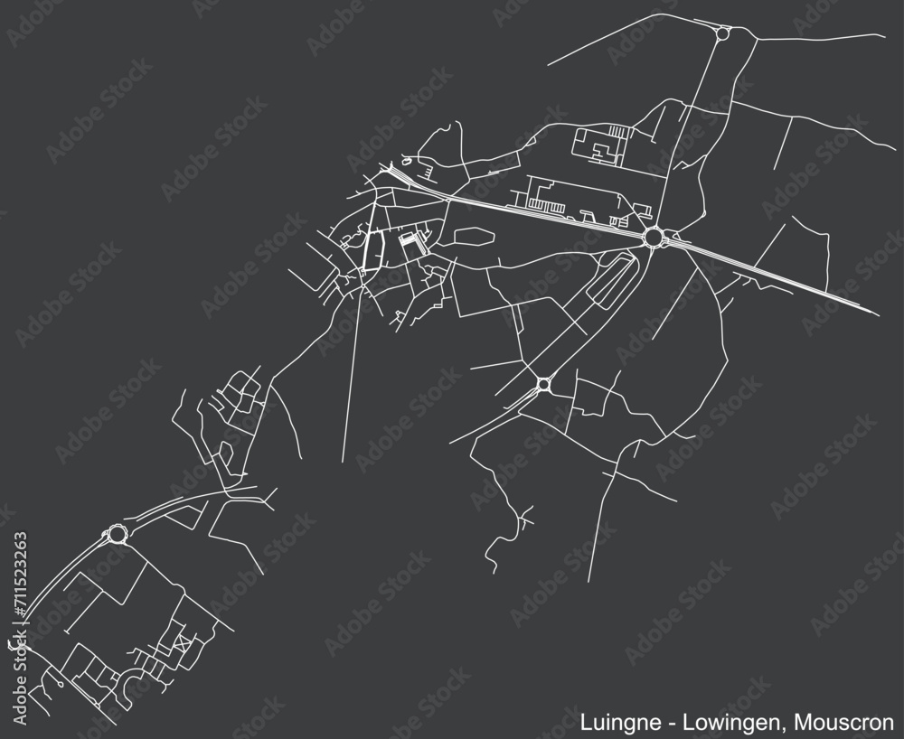 Detailed hand-drawn navigational urban street roads map of the LUINGNE-LOWINGEN COMMUNE of the Belgian city of MOUSCRON, Belgium with vivid road lines and name tag on solid background
