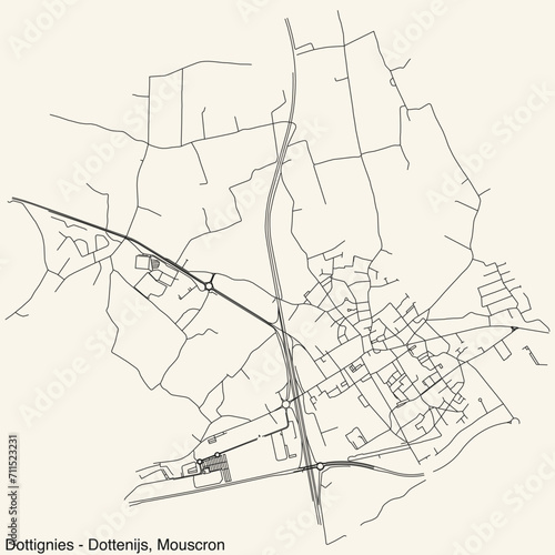 Detailed hand-drawn navigational urban street roads map of the DOTTIGNIES-DOTTENIJS COMMUNE of the Belgian city of MOUSCRON, Belgium with vivid road lines and name tag on solid background