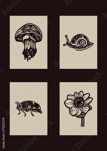 Set of vector woodcut scandi folkart of snail, mushroom, bug and flower clipart illustrations in woodland style. Collection of whimsical linocut insect fungi icon motifs for forest print. 