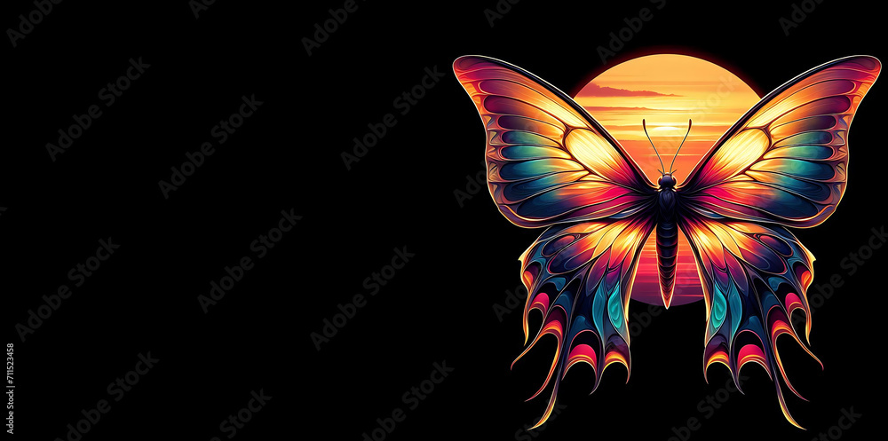 Brightly colored butterfly with intricate wings on a black background generative ai