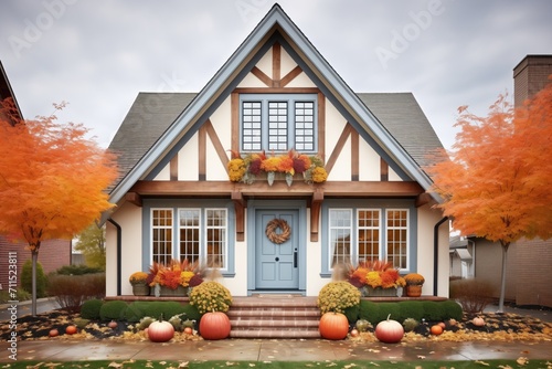 tudor home front gable with surrounding autumn leaves