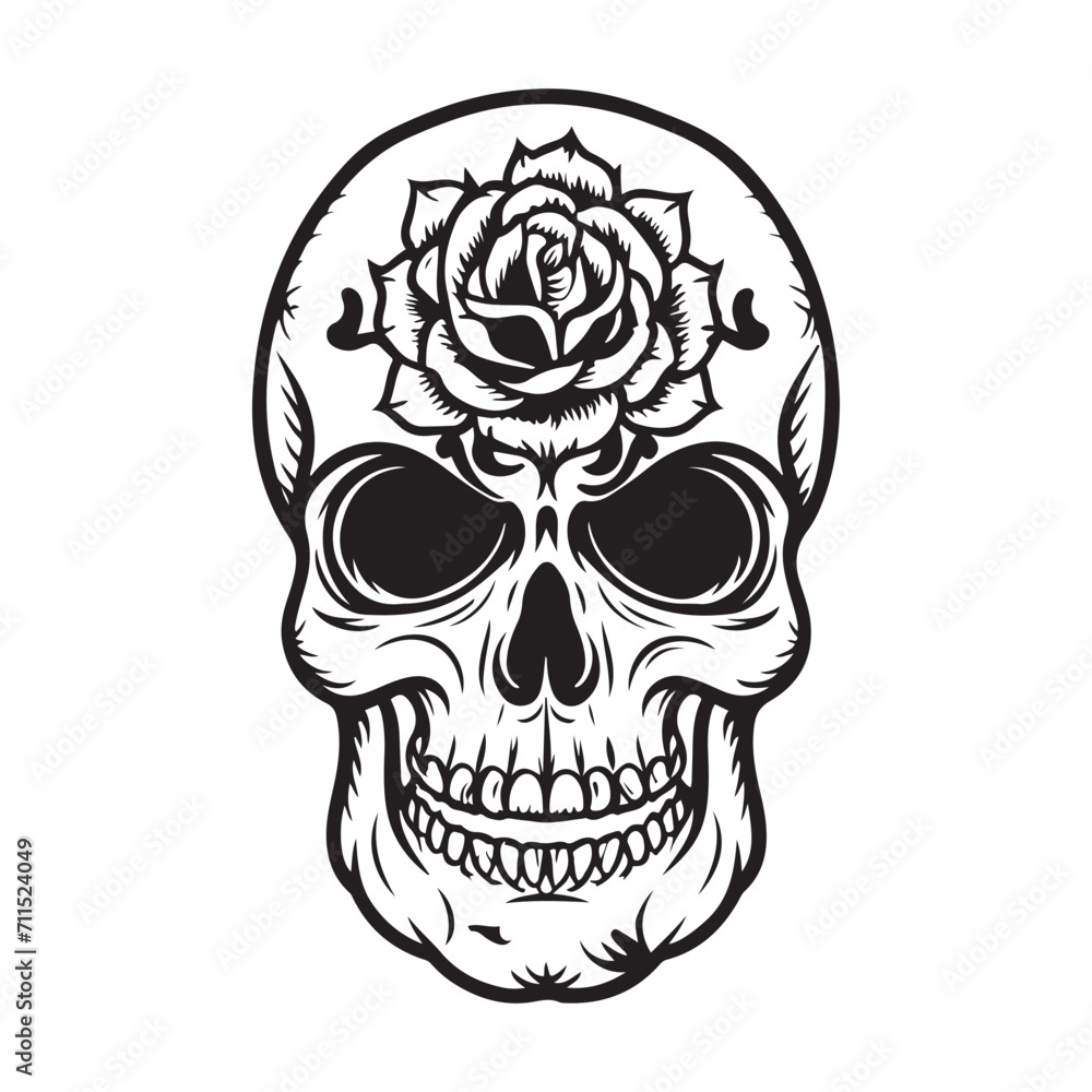 Skull With Rose Flower Black Outline Vector. Human skull with rose sketch drawing, tattoo vector illustration isolated on white background Skull With Rose Flower Black Outline Vector. Human skull with rose sketch drawing, tattoo vector illustration isolated on white background
