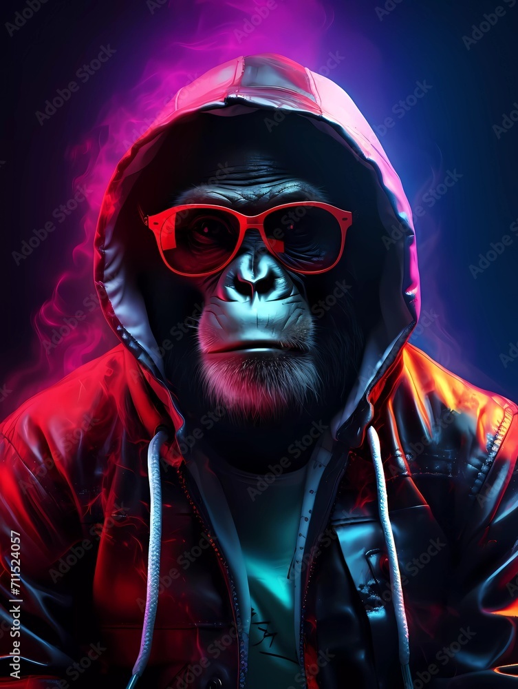 DJ monkey wearing sunglasses and hoodie, with colorful neon lights. generative ai DJ monkey wearing sunglasses and hoodie, with colorful neon lights. generative ai