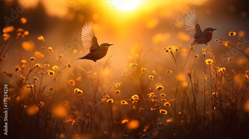 birds dancing on a sunlit meadow, their silhouettes against the golden hues of the setting sun, 
