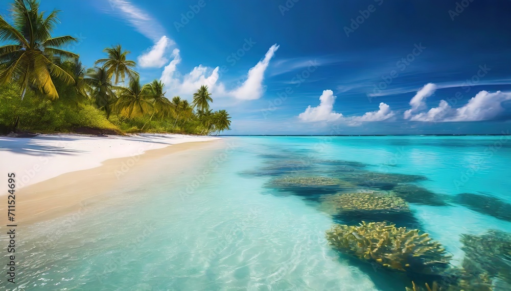 Tranquil Tropical Beach with Clear Waters and White Sand. The coastline is adorned with lush palm trees, crystal-clear sea. Relaxation and adventure in a tropical paradise.