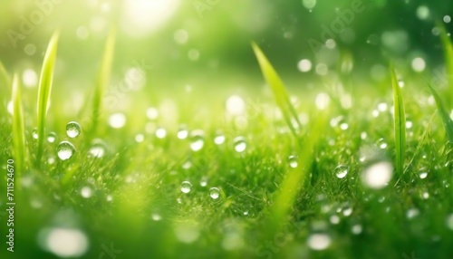 Morning Dew Glistens on Vibrant Green Grass. Dewdrops sparkle on the fresh lawn as the first light of day touches each blade, creating a dance of shimmering light in the heart of nature.