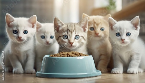 Kittens Gathered Around Their Food Bowl with Curious Eyes. A cluster of cats with varied hues fixate on their meal, a cute assembly of feline friends sharing a moment of togetherness. photo