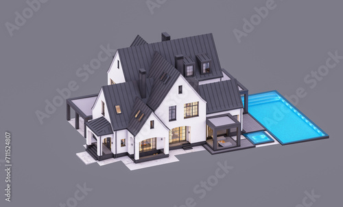 3d rendering of cute cozy white and black modern Tudor style house with parking  and pool for sale or rent with beautiful landscaping. Fairy roofs. In evening Isolated on gray