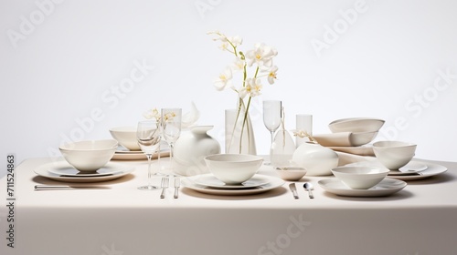 a pristine dinner set meticulously arranged on a white background, each piece reflecting the soft glow of ambient light, creating a scene of elegance and refinement.