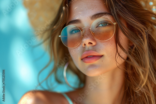 Close-up portrait of a beautiful girl in a straw hat and sunglasses
