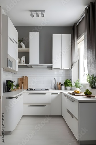 Beautiful kitchen interior design realistic that is colored white and grey and L formed made by MDF