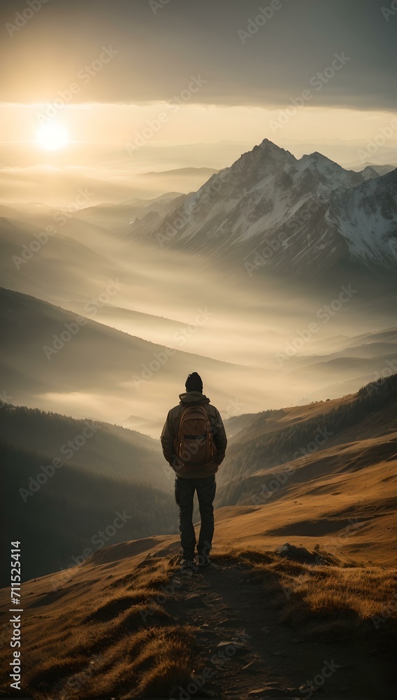 Solitary traveler contemplating majestic mountain sunrise. AI