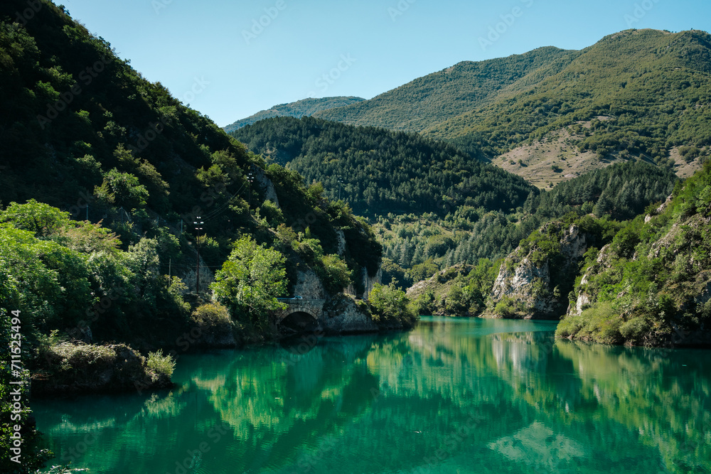Beautiful green color of the Lake San Domenico near Scanno in Abruzzo, Italy