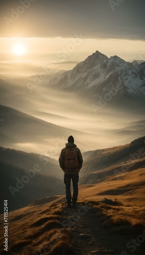 Solitary traveler contemplating majestic mountain sunrise. AI