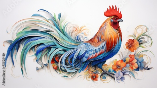 a rooster's plumage, their complexity and beauty showcased on a clean white canvas. © Khan