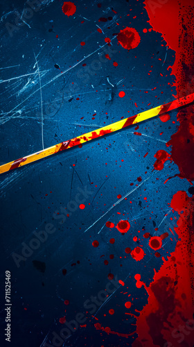 textured background with splashes of vibrant red and a yellow caution tape across, suggestive of a crime scene theme or a dramatic, suspenseful concept photo