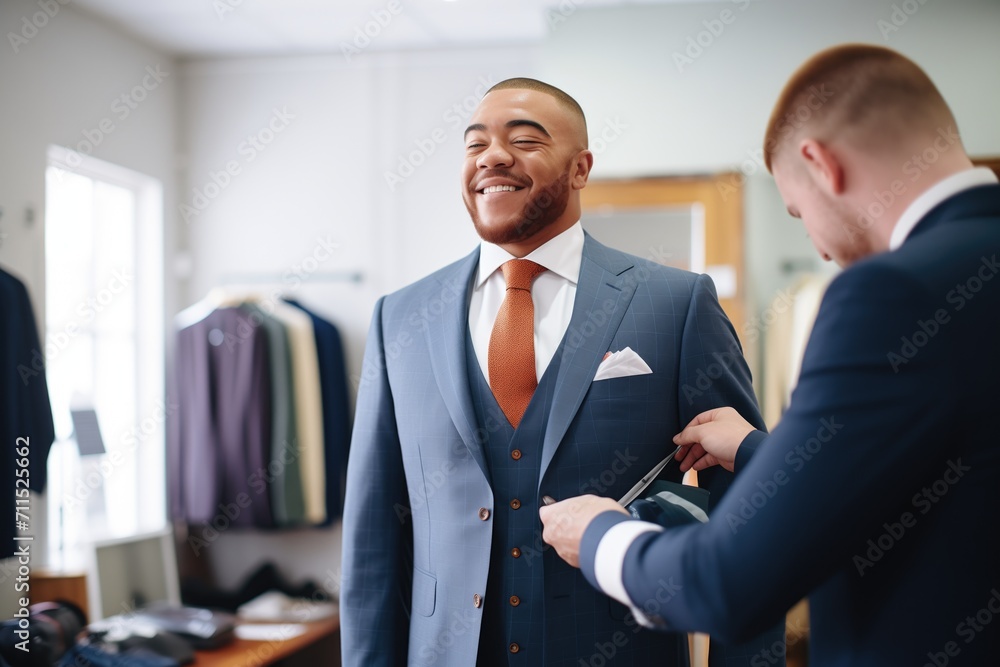 man trying on tailored suit jacket, tailor assessing fit man trying on tailored suit jacket, tailor assessing fit