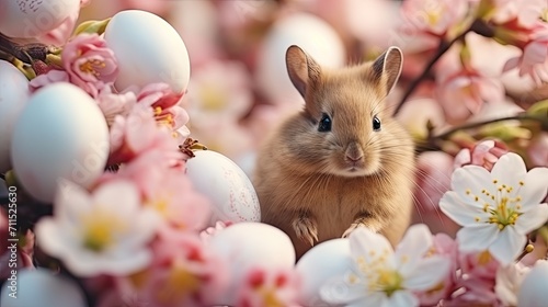 a fluffy hamster in pastel tones with Easter eggs and spring flowers on bright background. Generative AI	