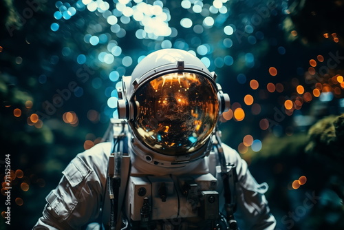 An astronaut underwater. Sci-fi astronaut concept. Bokeh background. Blurred style. Generated AI