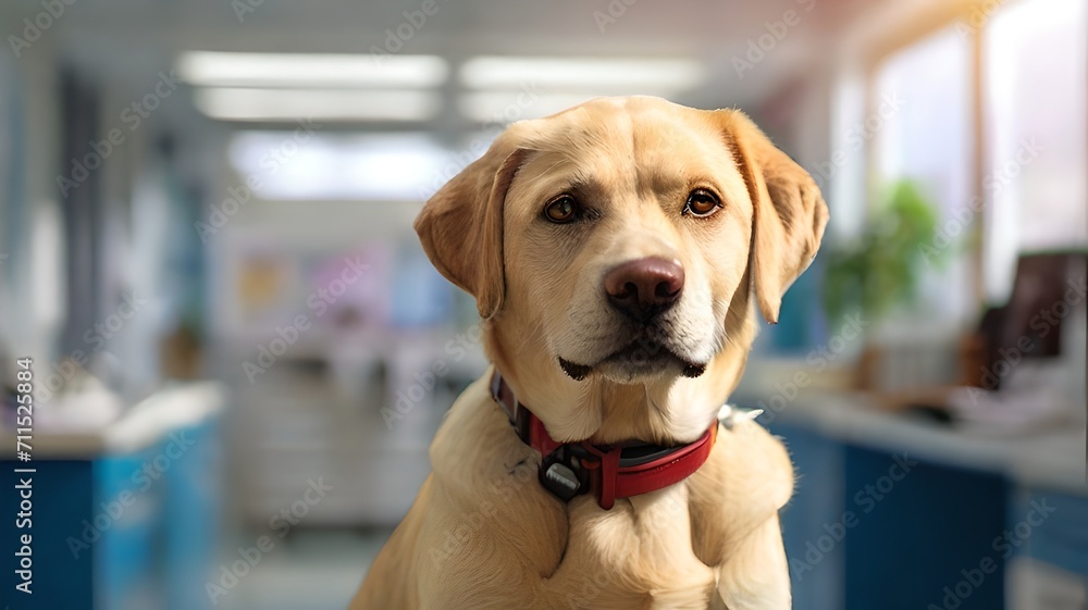 A well-behaved, attentive yellow labrador dog sitting calmly in a modern workplace environment. AI