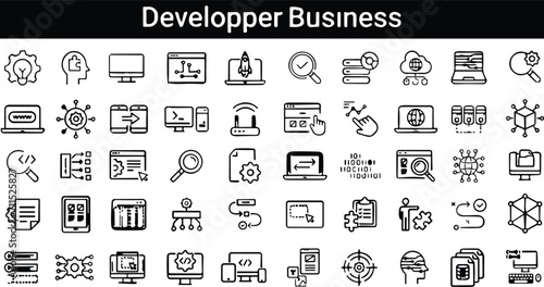 Developer line icons set. Server, tool, solution, Network Technology, connection, data exchange computer, cloud computing vector illustration