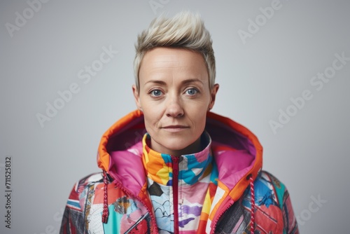 Portrait of a young woman with short blond hair in a colorful jacket.