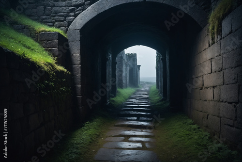 A path that proceeds to the horizon through a narrow and dark necropolis, dark and gloomy atmosphere - Concept for loneliness and depression