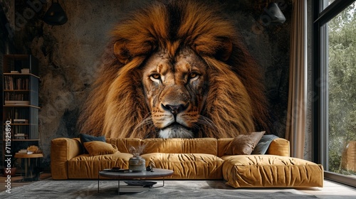 a realistic art of lion hang on wall in the room 