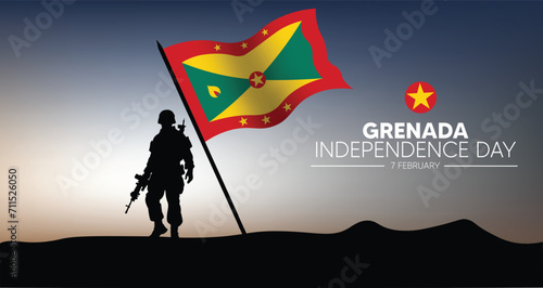 Grenada Independence Day 7 February waving flag with solider vector poster