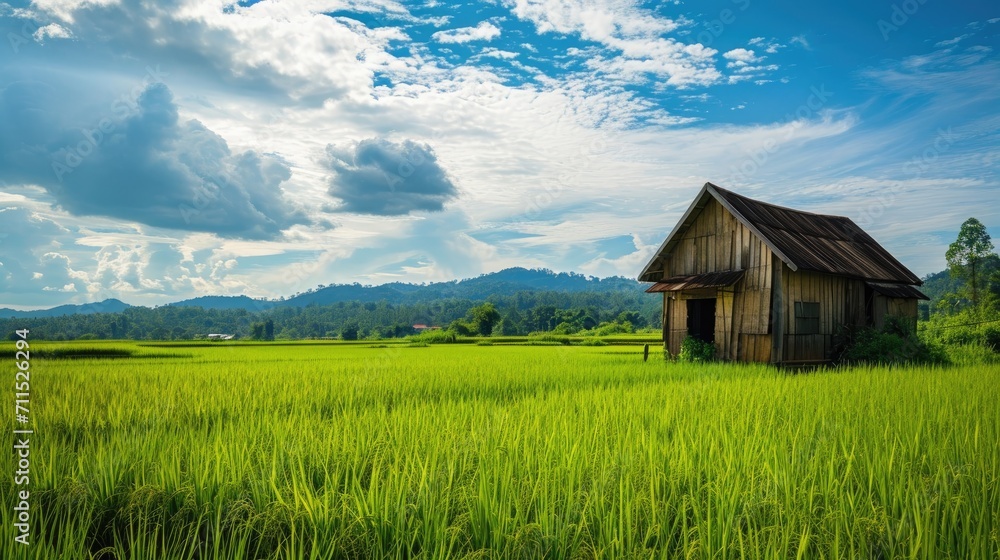 wooden house or hut in green rice field nature wooden house or hut in green rice field nature