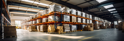 Retail warehouse full of shelves with goods in cartons, with pallets and forklifts. Logistics and transportation background. Product distribution center concept