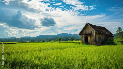 wooden house or hut in green rice field  nature