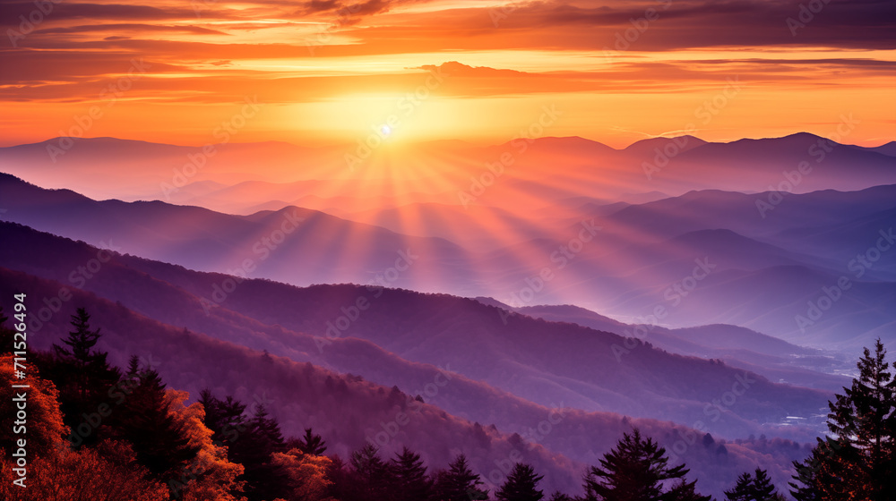 
A captivating smoky mountain sunset scene, with the sun casting a warm, golden glow over the rugged peaks