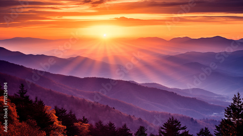  A captivating smoky mountain sunset scene, with the sun casting a warm, golden glow over the rugged peaks