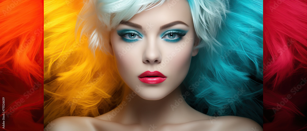 A beautiful fashion model woman with brilliantly colored hair and striking blue eyes, an artistic marvel thats sure to stimulate your senses - obrazy, fototapety, plakaty 