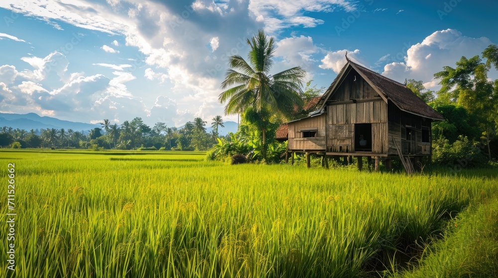 wooden house or hut in green rice field nature wooden house or hut in green rice field nature